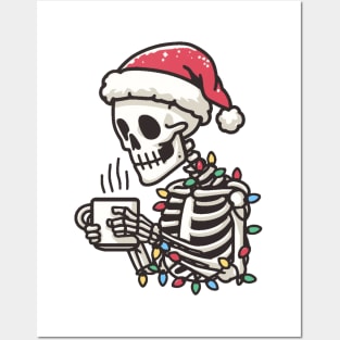 Christmas Skeleton Drinking Coffee Posters and Art